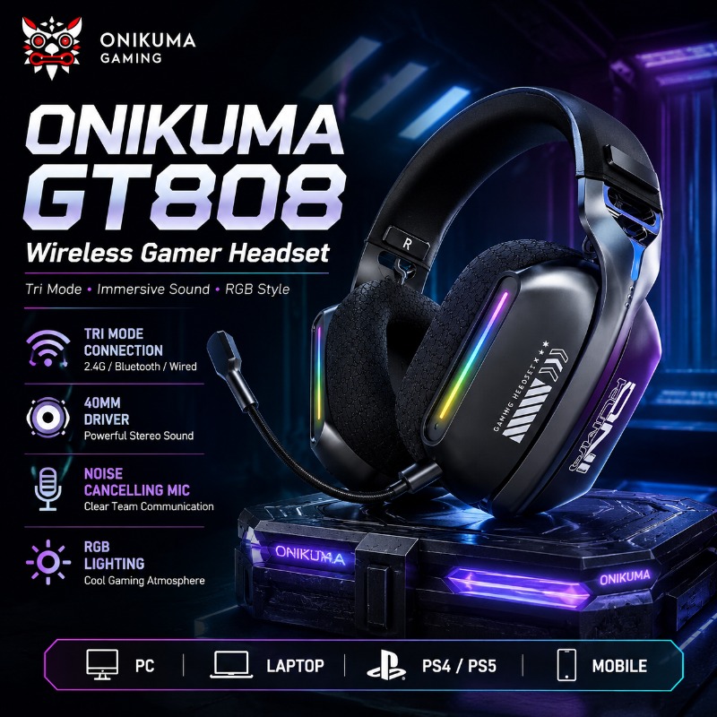 Esports Gaming Headphones - ONIKUMA GT808 ワイヤレスゲーミングヘッドセットトライモード Bluetooth 2.4GHz RGB