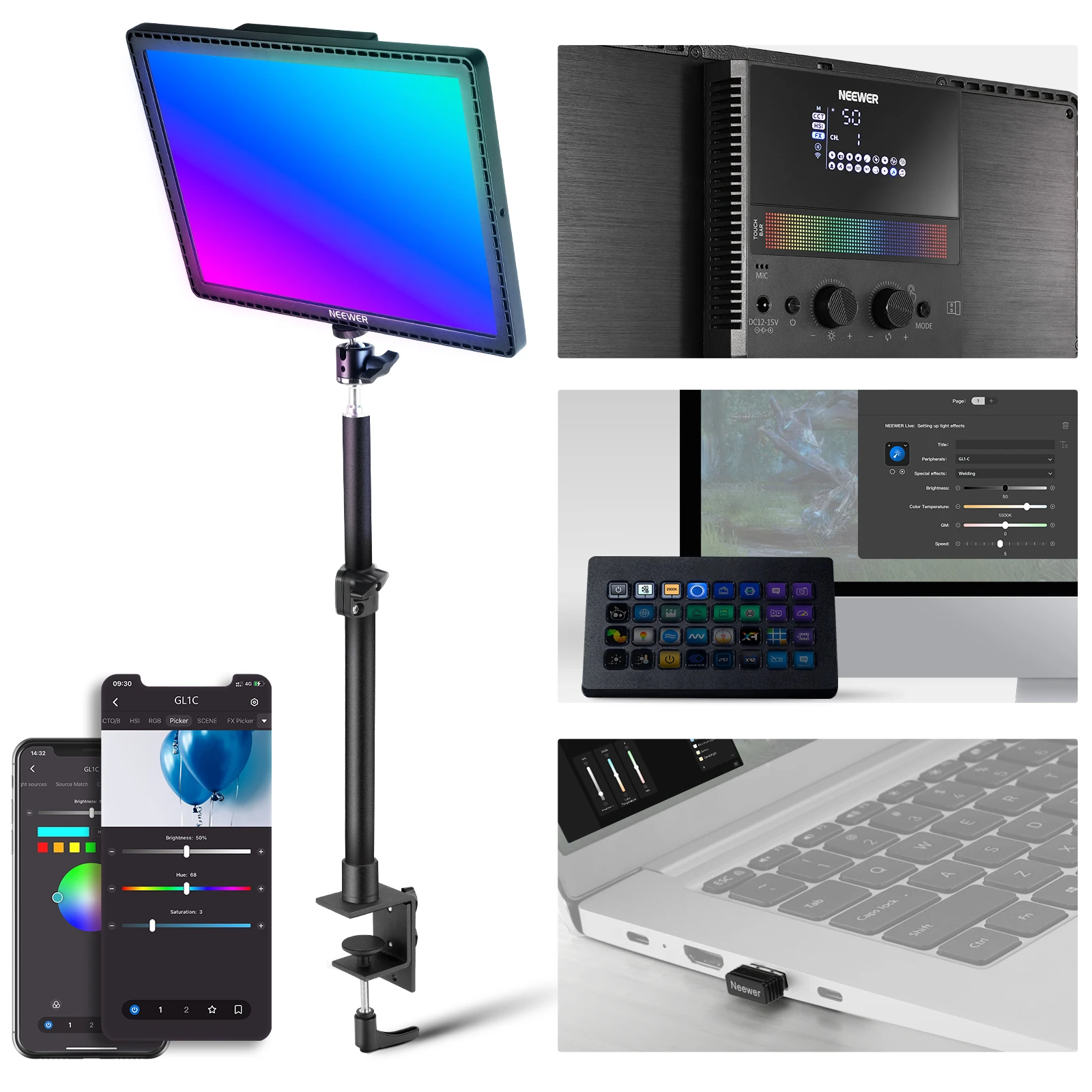 Led Light Panel Stream - NEEWER GL1C RGB 15.5インチキーライト、48WエッジライトソフトLEDビデオパネル、ストリーミングゲーム用照明、2.4G PC/Mac IOS/Android対応