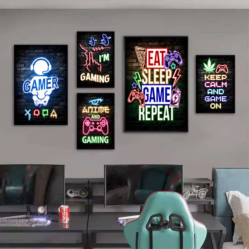 1枚入りフレームレスキャンバス絵画、ゲーミングネオン「Eat - Esports Gaming Room のレビューと価格